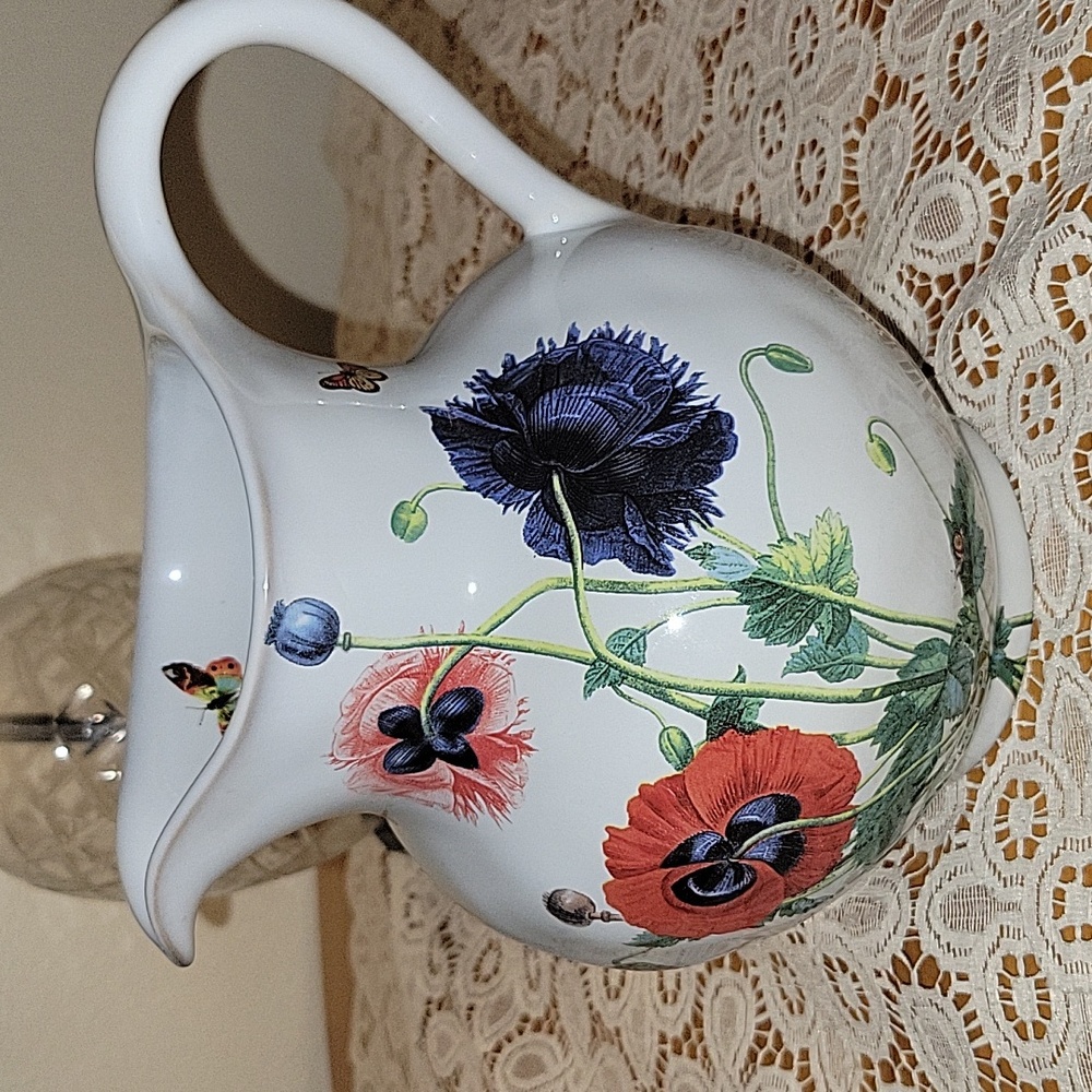 Juliska, Ceramic Field of Flowers Pitcher Featuring an Oriental Poppy Design.